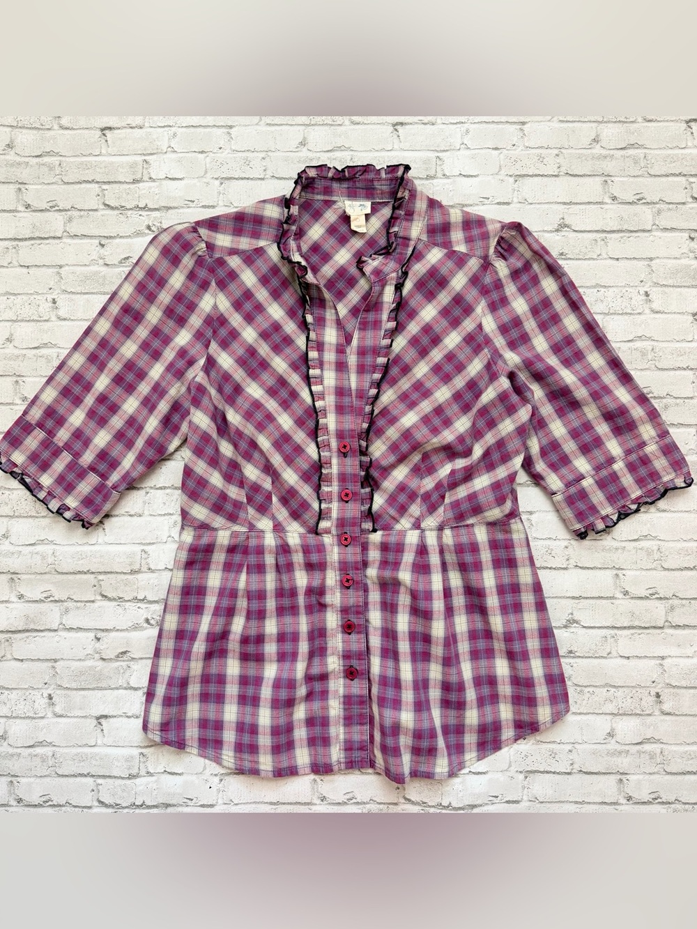 Y2K Anthropologie Plaid Ruffle-Trim Button Down Shirt in Purple